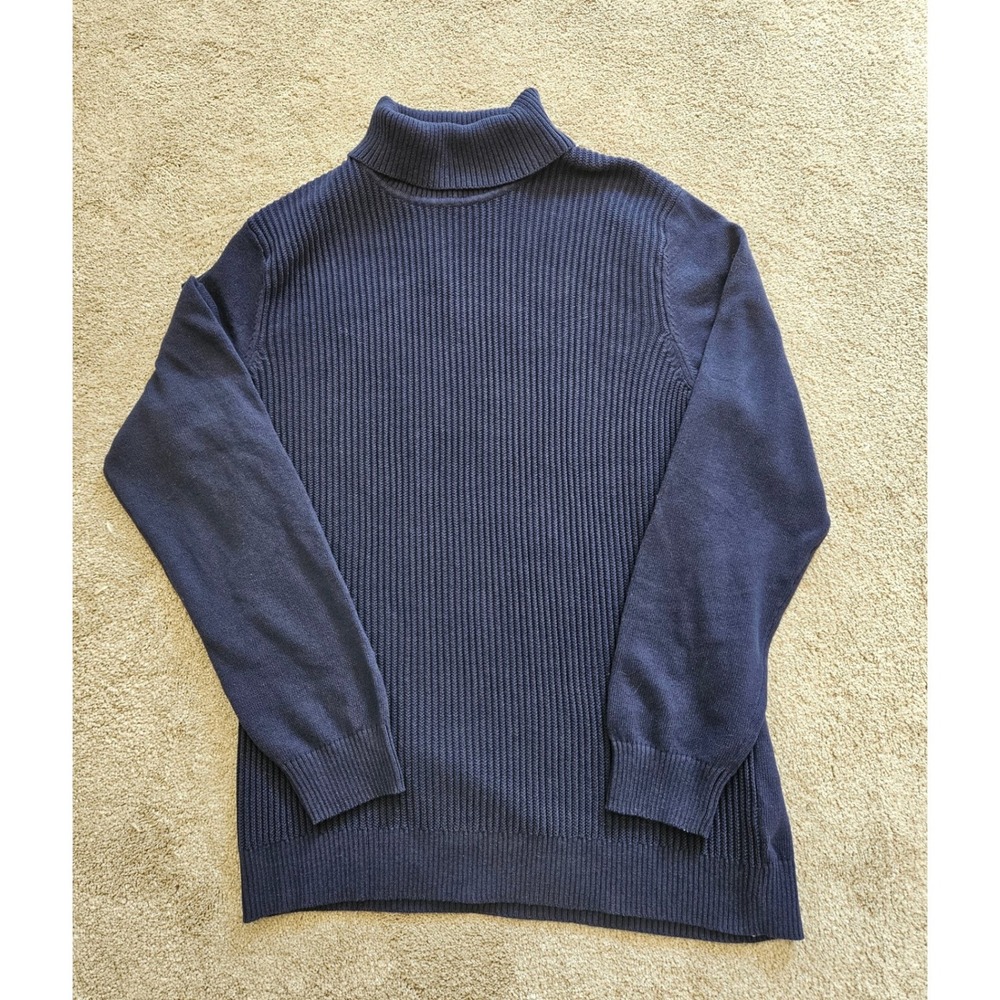 Ribbed Turtleneck Sweater Womens L Blue NWT Cotton Coastal Minimalist Cozy